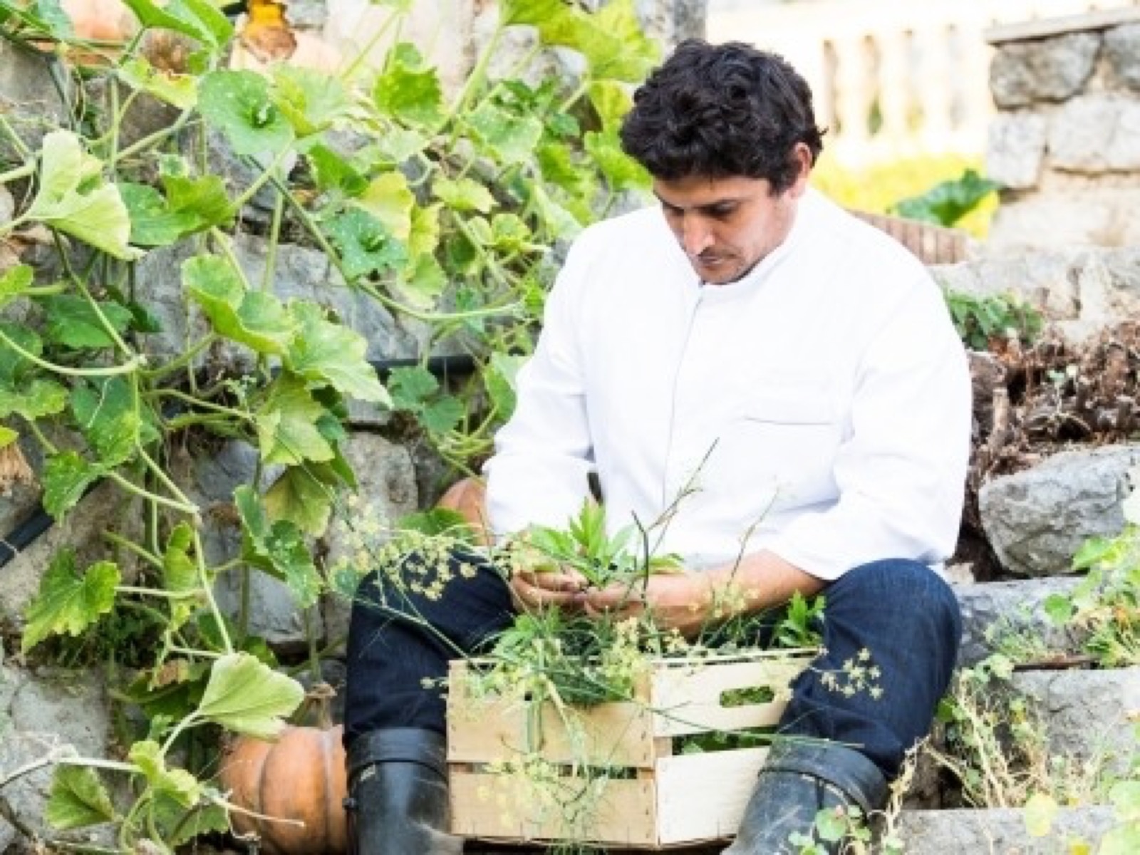 Mauro Colagreco accroupi dans son jardin, veste blanche, cagette d'herbes fraîches